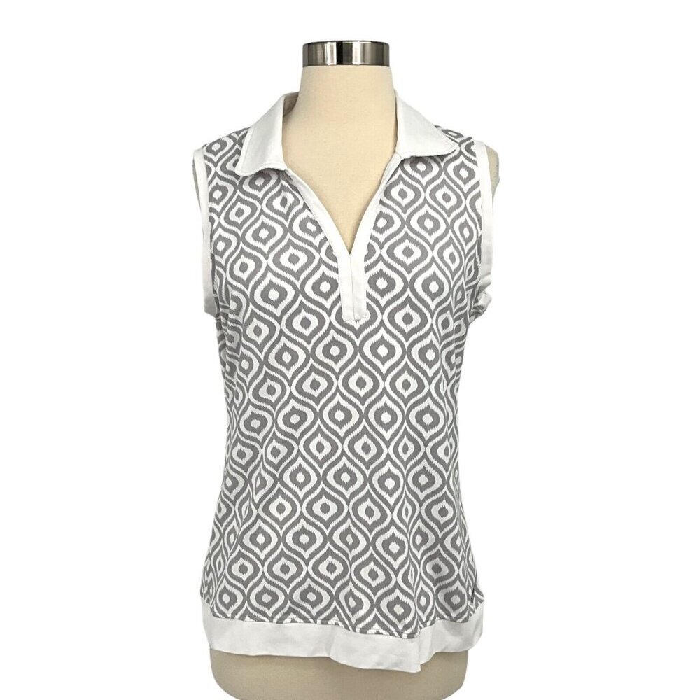 MDC Size 10 Meryl Print Polo Shirt Light Taupe/White Sleeveless V Neck Collared